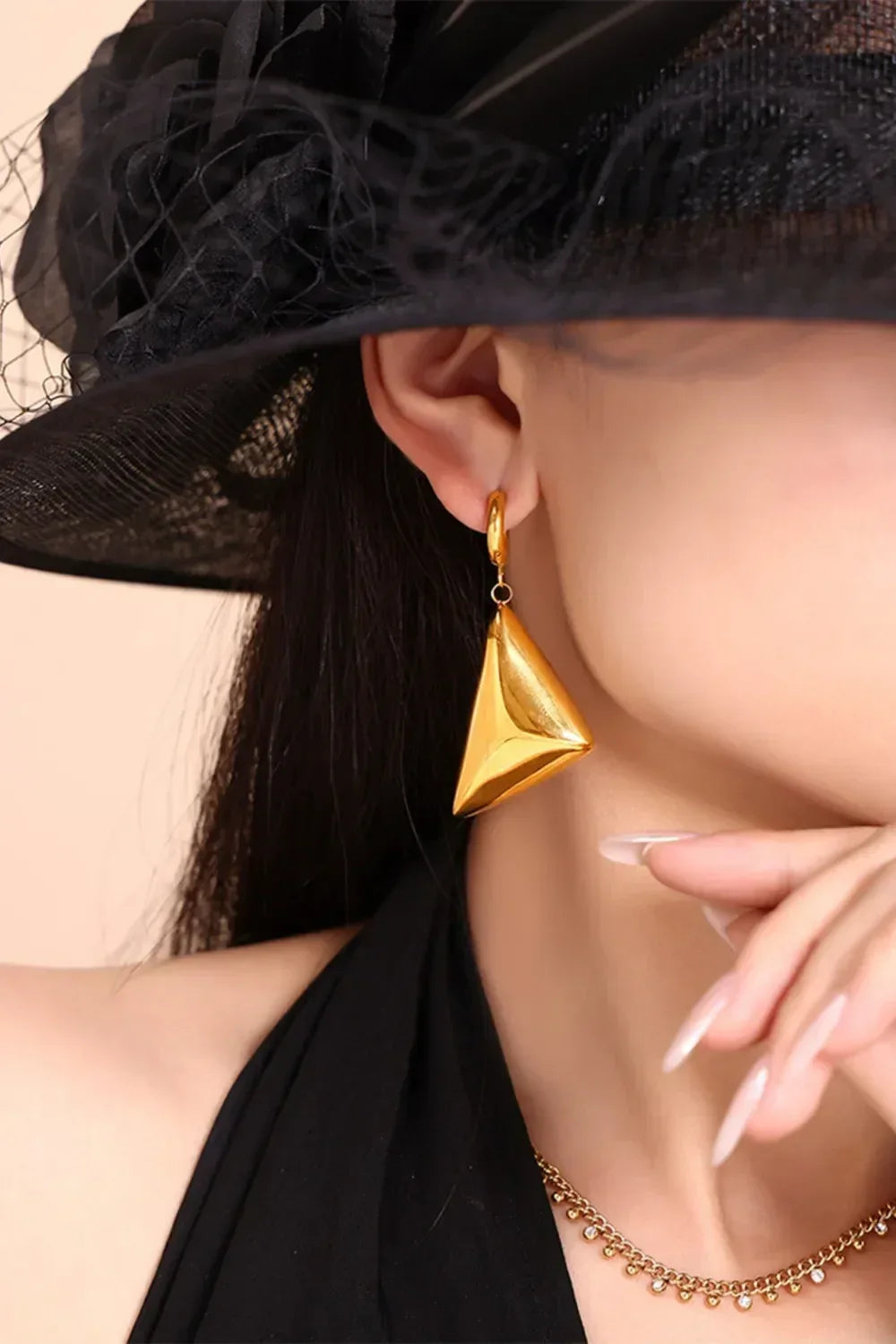 18K Gold-Plated Triangle Dangle Earrings - DAVERRI FASHIONS