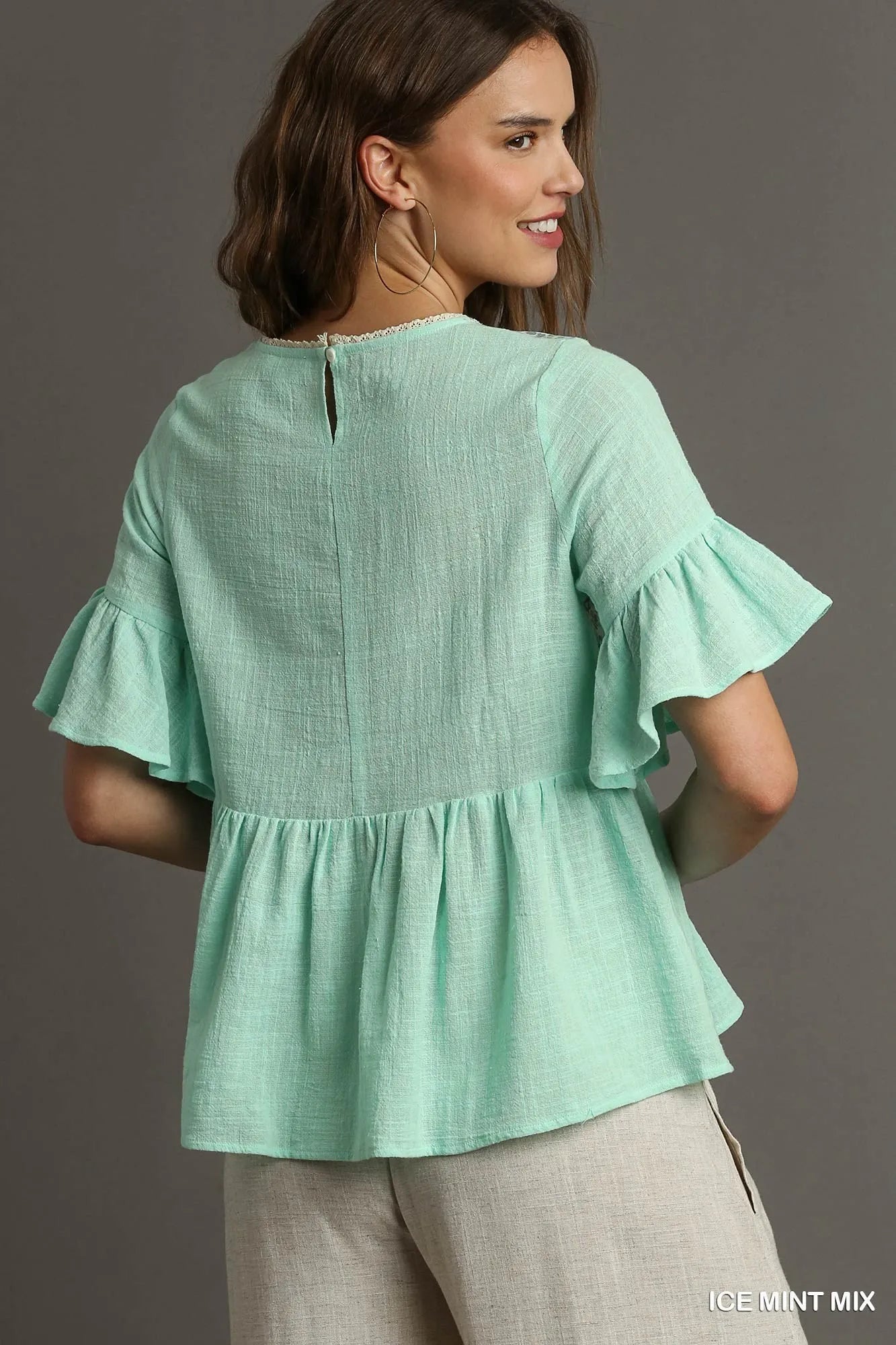 Umgee Floral Lace Trimmed Detail Half Sleeve Babydoll Top Tops
