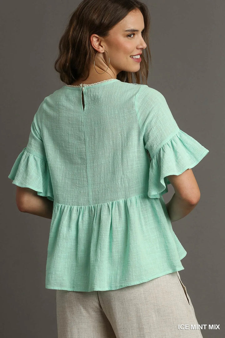 Umgee Floral Lace Trimmed Detail Half Sleeve Babydoll Top Tops