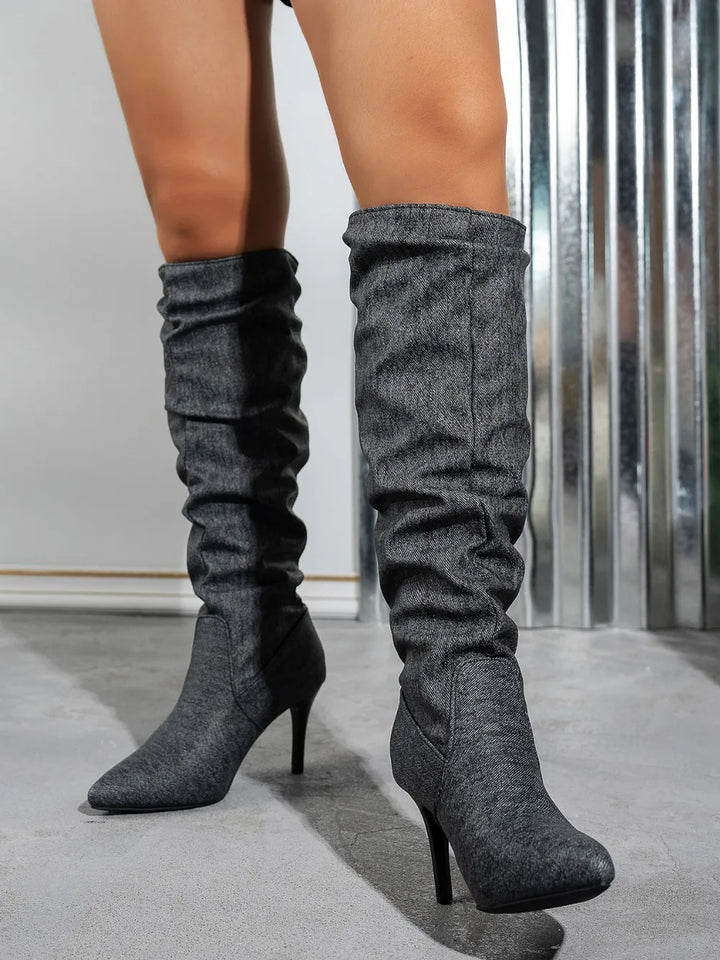 Point Toe Denim Stiletto Boots | Boots Daverri Fashions