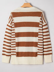 Striped drop shoulder baggy sweater with brown cream stripes