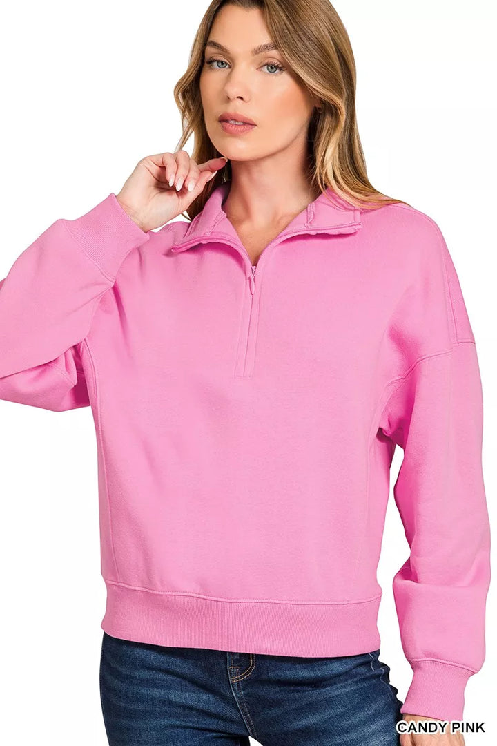 Zenana Fleece High Neck Half Zip Sweatshirt Candy Pink | Sweatshirts Daverri Fashions