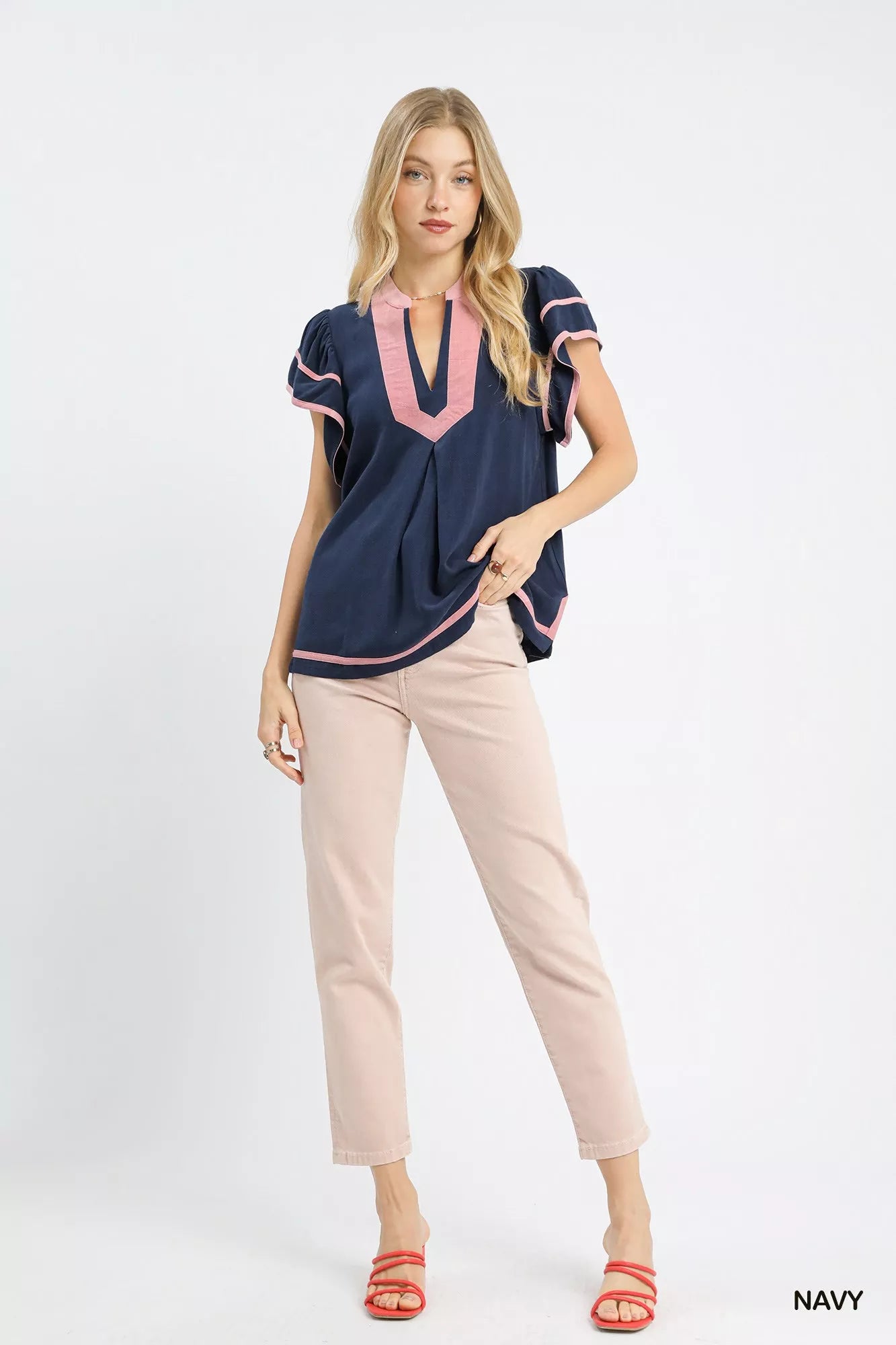 Umgee navy blue linen ruffle sleeve top with pink trim and v-neckline