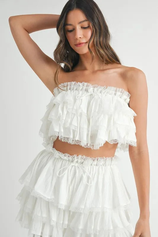 MABLE Ruffle Layered Crop Top and Mini Skirt Set Outfit Sets