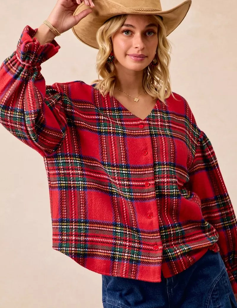 BiBi Christmas Plaid V-Neck Flounce Sleeve Jacket | Jackets Daverri Fashions