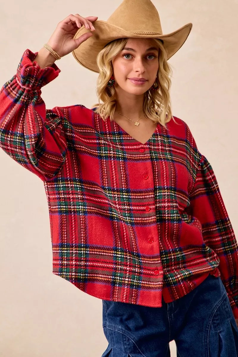 BiBi Christmas Plaid V-Neck Flounce Sleeve Jacket | Jackets Daverri Fashions