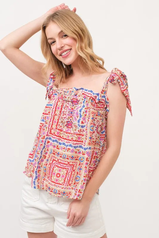 And The Why Ruffled Neck Tied Strap Boho Printed Swing Top Tops