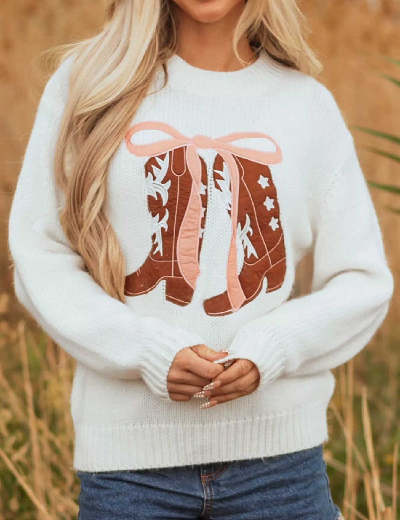 Embroidered Bow Boots Graphic Drop Shoulder Sweater | Sweaters Daverri Fashions