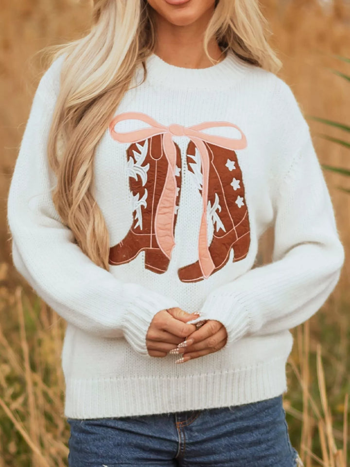 Embroidered Bow Boots Graphic Drop Shoulder Sweater | Sweaters Daverri Fashions