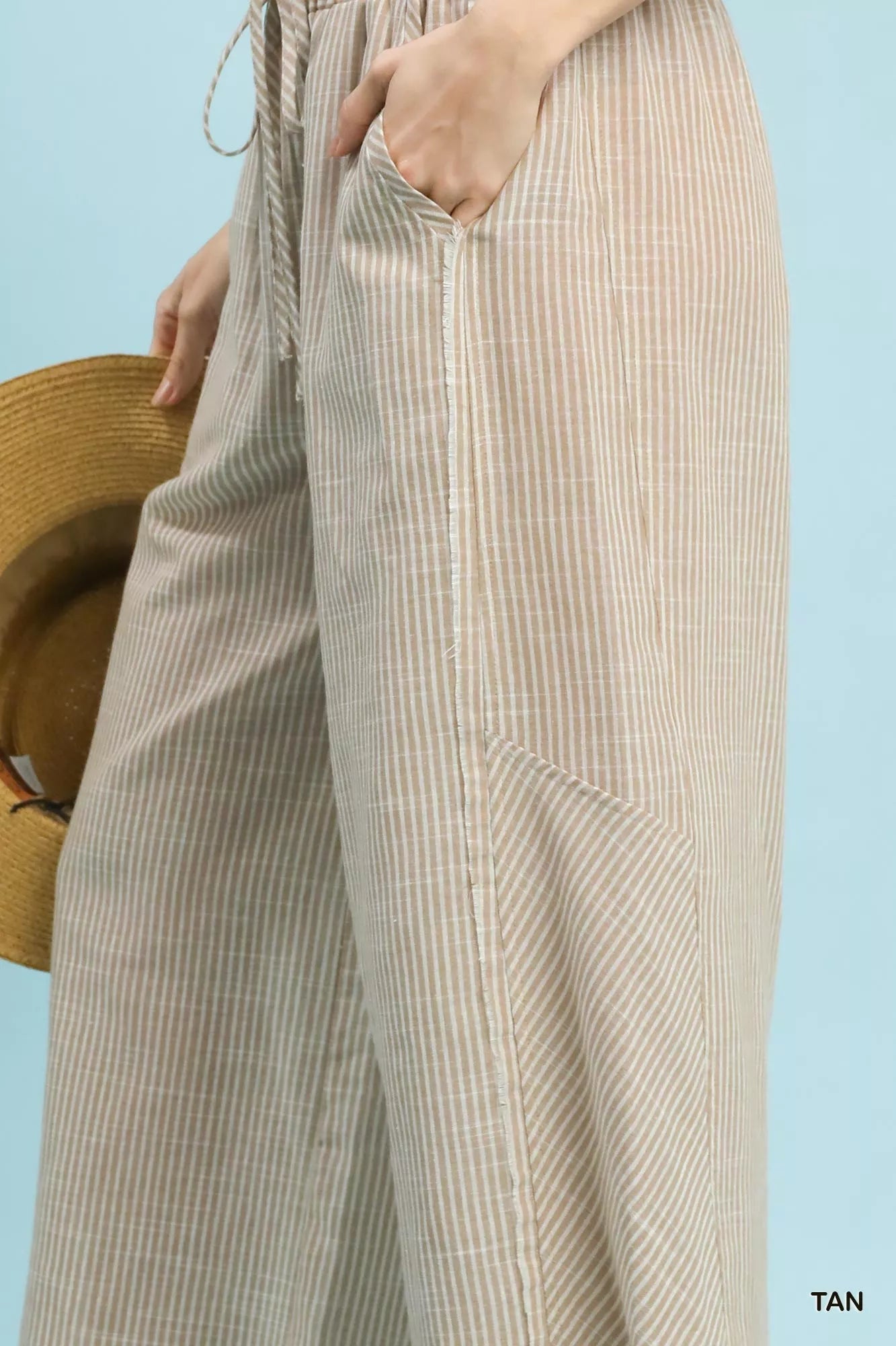 Umgee linen blend striped wide-leg pants in tan with drawstring waist