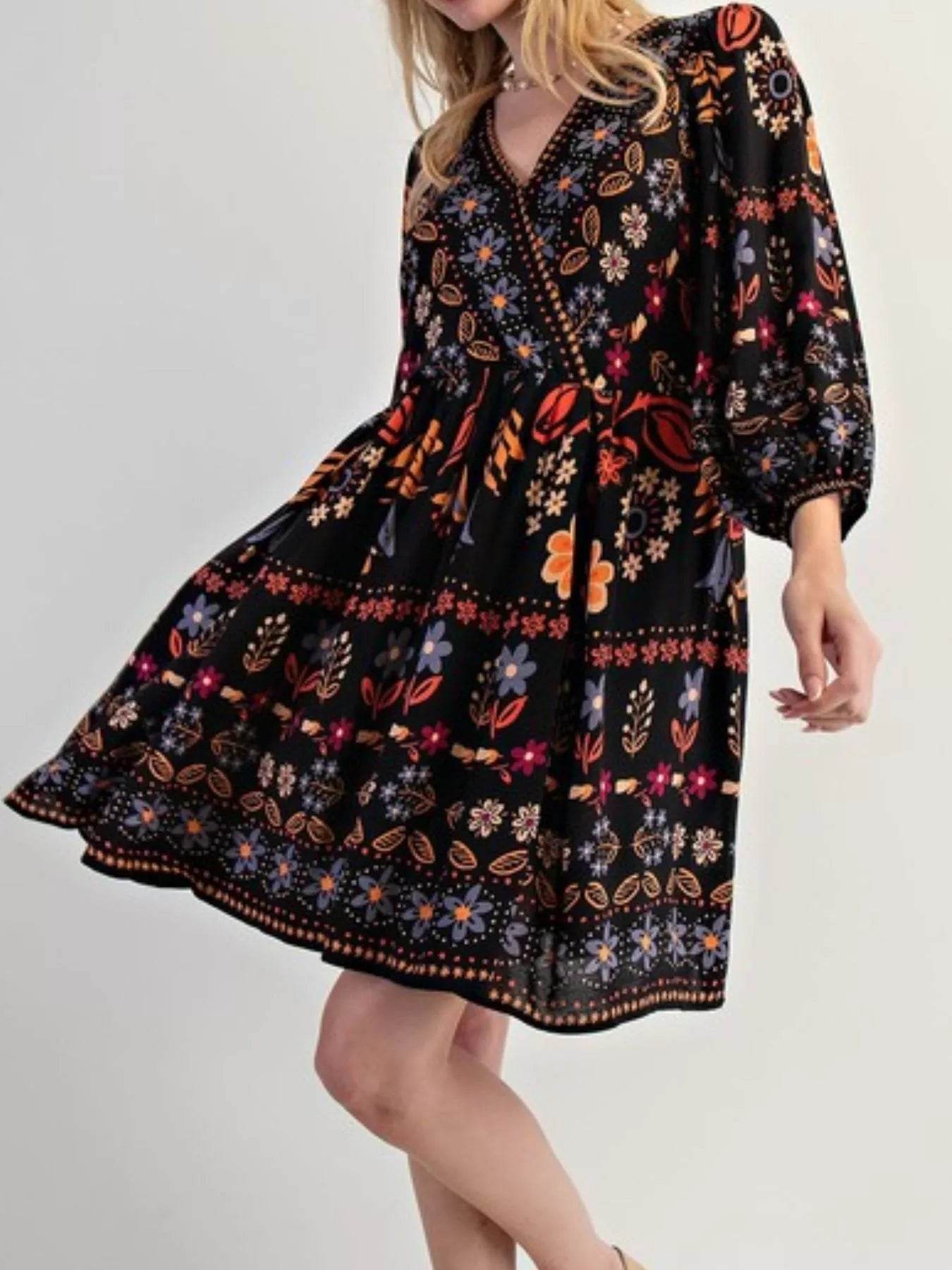 Bohemian black floral print long sleeve mini dress with colorful embroidery