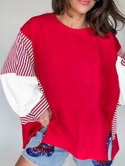 Red and white striped patchwork sleeve colorblock sweatshirt