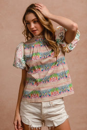 BiBi Ruffle Neckline Blouse With Embroidery Bubble Sleeve | Daverri Fashions