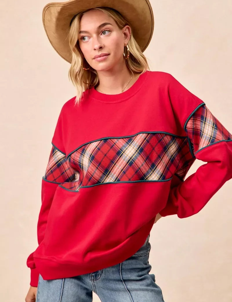 Red plaid patchwork BiBi Christmas sweatshirt with round neck and long sleeves