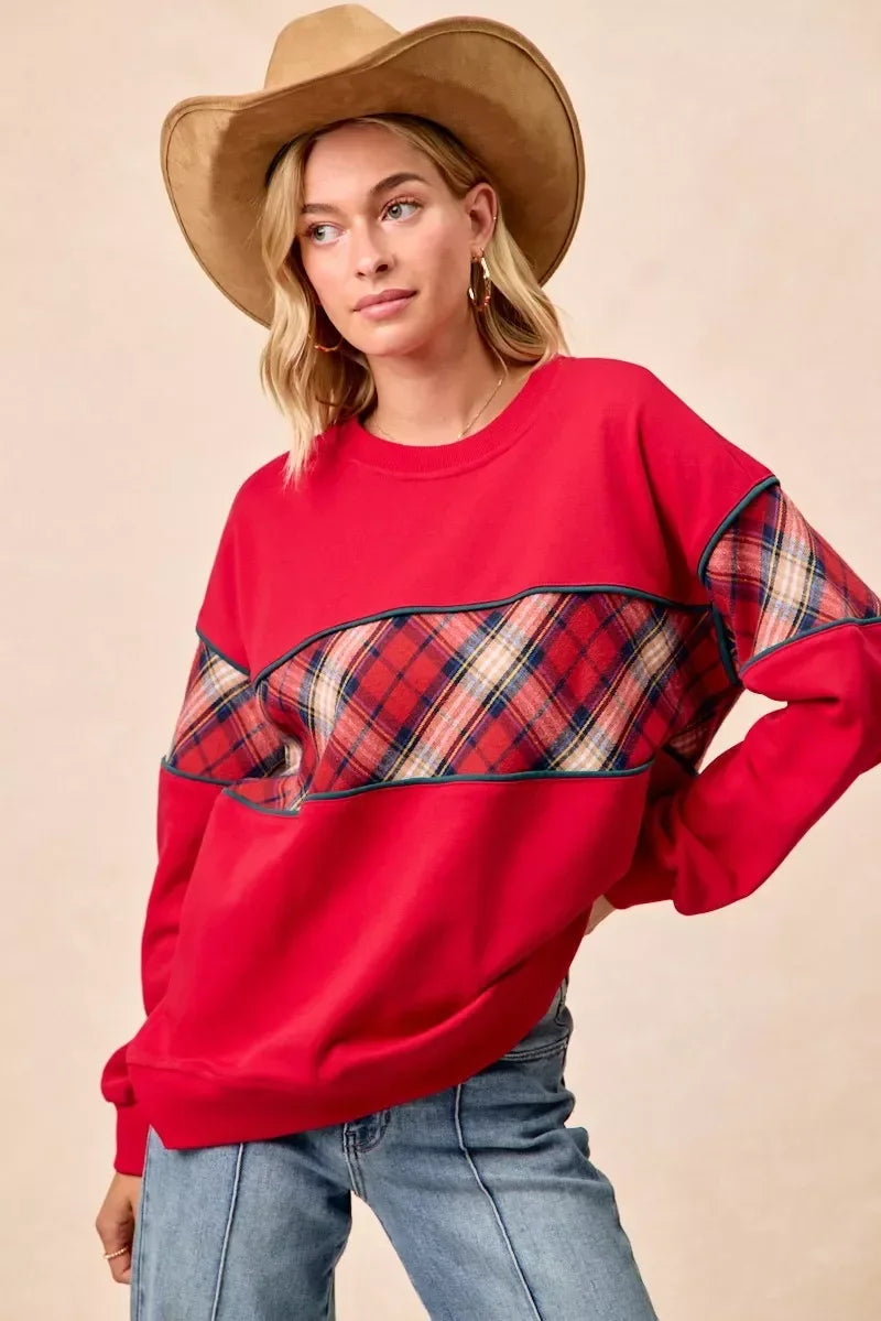 BiBi Christmas Theme Plaid Block Sweatshirt with Binding - DAVERRI FASHIONS