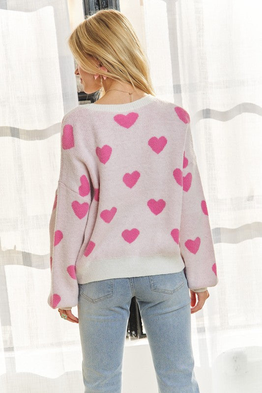 ADORA Heart Round Neck Drop Shoulder Sweater Tops