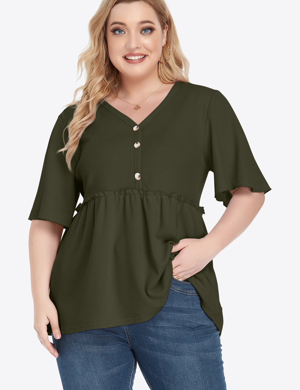 Olive green plus size V-neck babydoll blouse with frill trim ruffled sleeves and button front