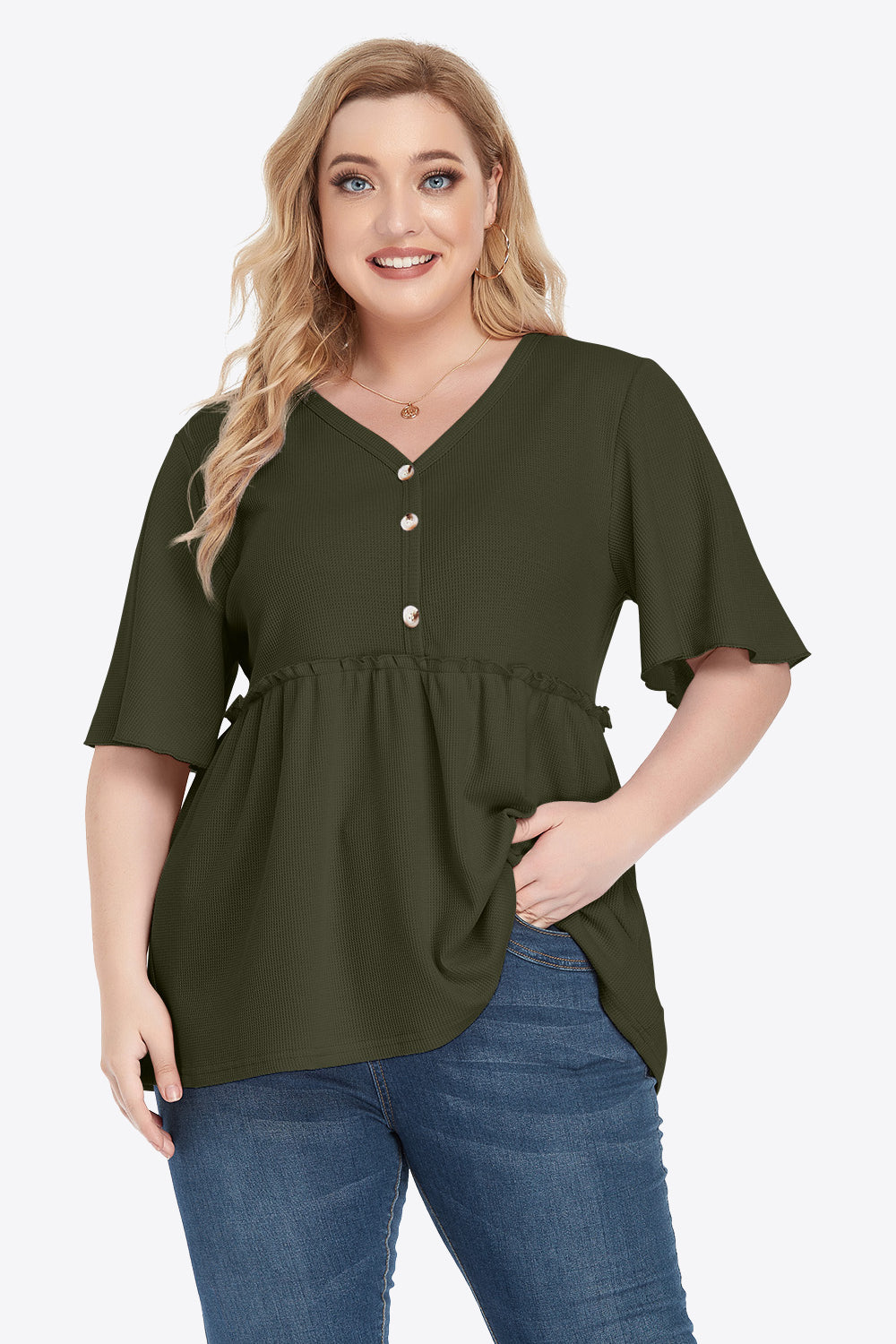 Olive green plus size V-neck babydoll blouse with frill trim ruffled sleeves and button front