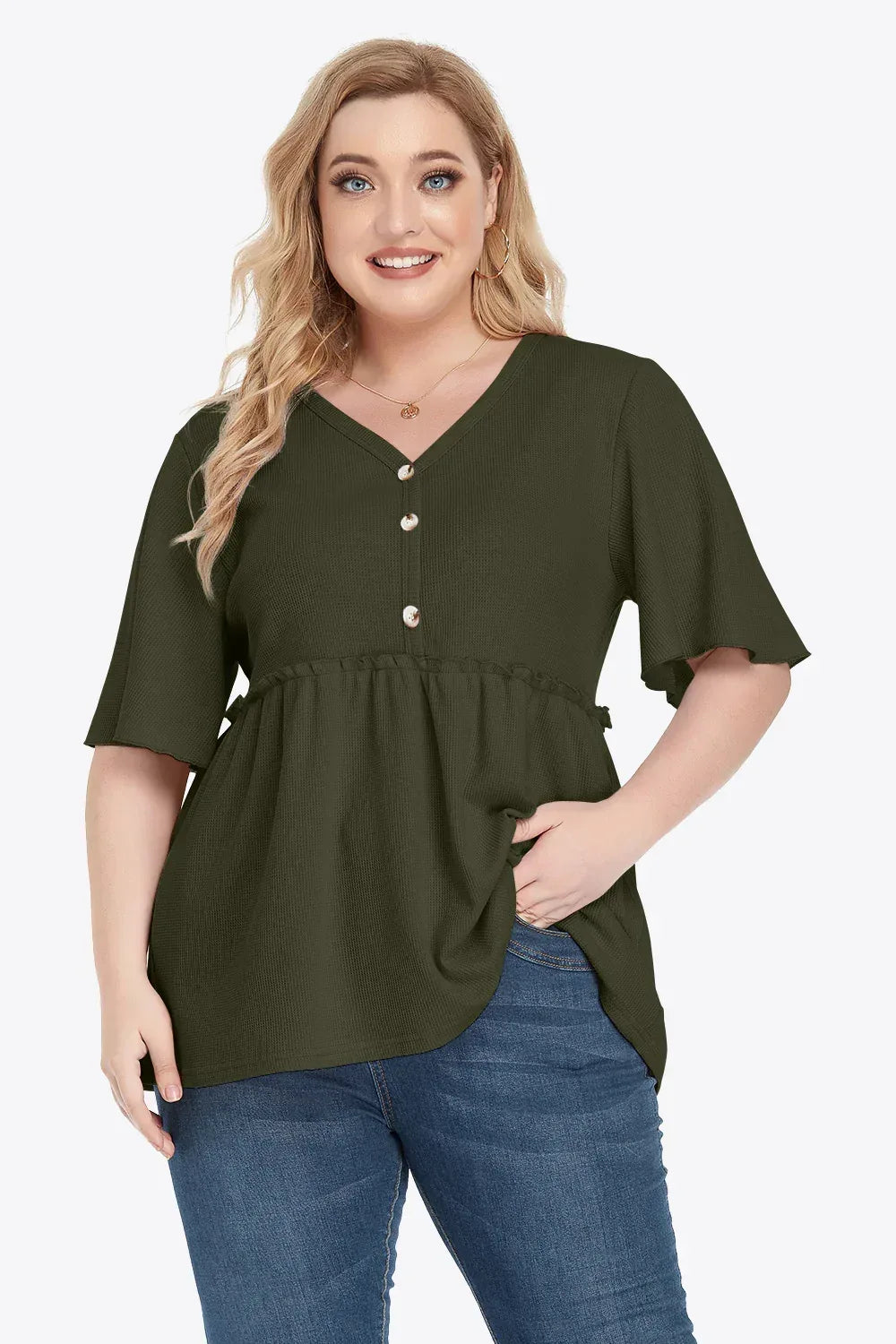 Plus Size Buttoned V-Neck Frill Trim Babydoll Blouse - DAVERRI FASHIONS