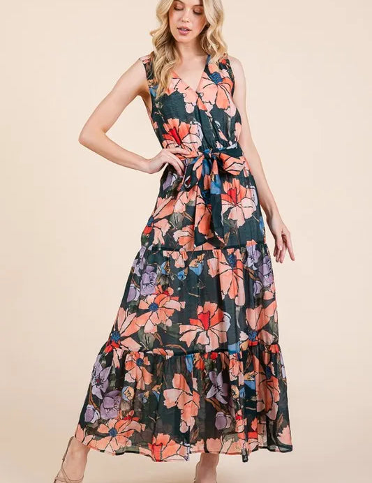 Lime 'N' Chili Floral Print Sleeveless Tie Waist Maxi Dress | Daverri Fashions