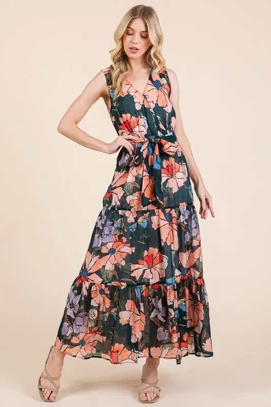 Lime 'N' Chili Floral Print Sleeveless Tie Waist Maxi Dress - DAVERRI FASHIONS