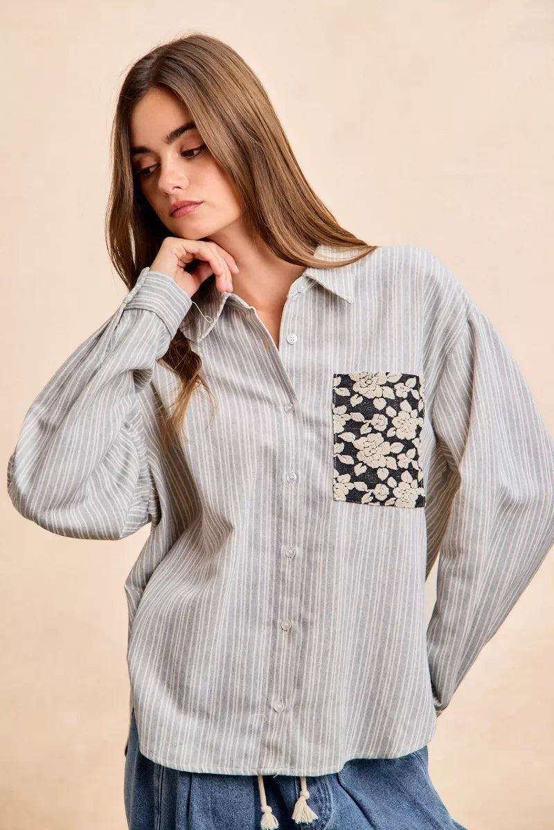 BiBi Flower Jacquard Knit Patch Pocket Stripe Shirt in gray and white stripes