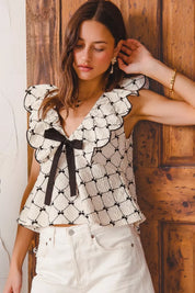 IVORY SO ME Bow Texture Jacquard Woven Top with Scallop and Tie | Blouses Daverri Fashions