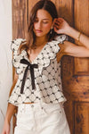 SO ME Bow Texture Jacquard Woven Top with Scallop and Tie - DAVERRI FASHIONS