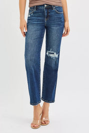 DARK RISEN High Rise Crop Slim Straight Jeans with Hidden Knee Patch | Jeans Daverri Fashions