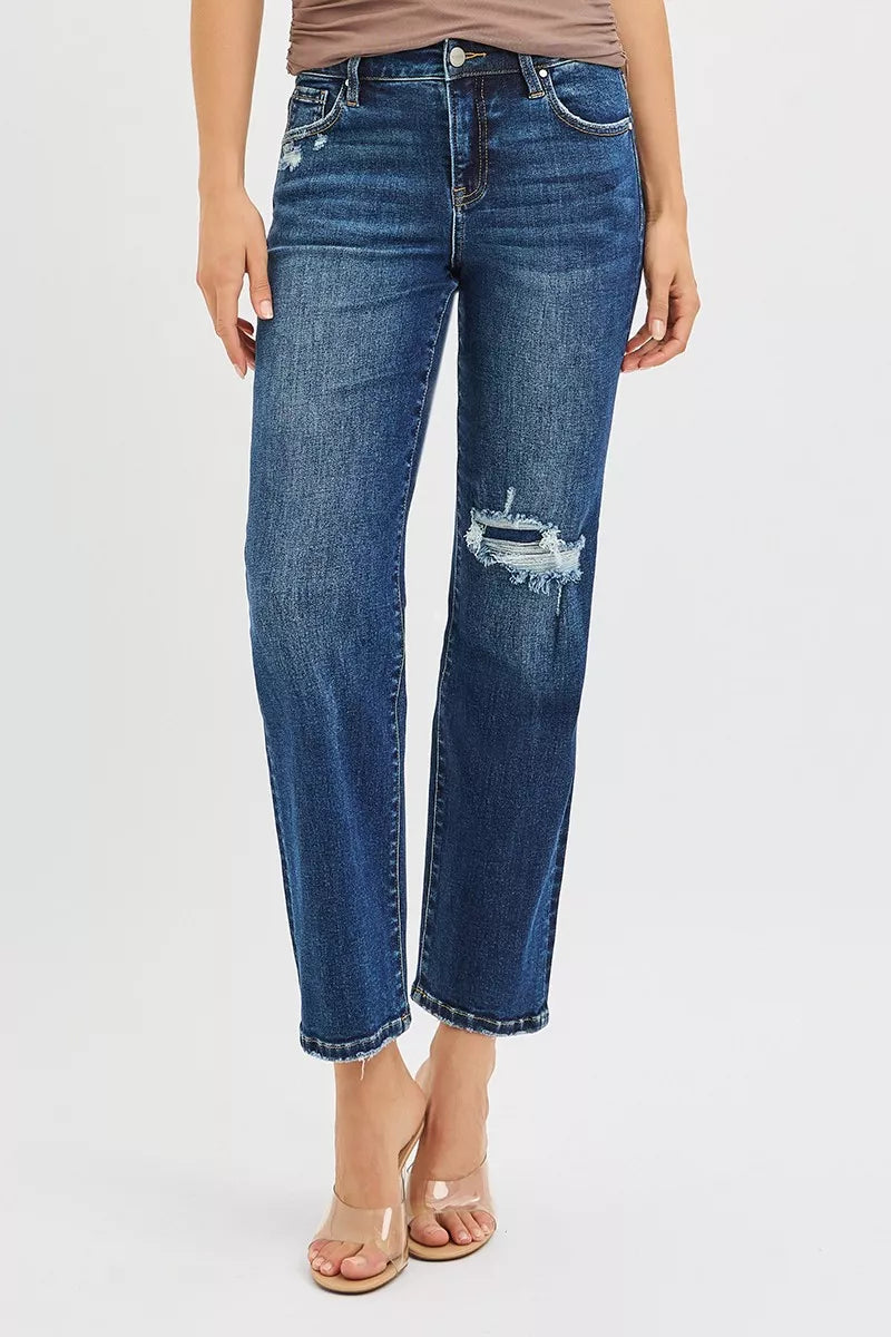 DARK RISEN High Rise Crop Slim Straight Jeans with Hidden Knee Patch | Jeans Daverri Fashions