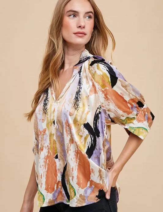 Annie Wear Multi Color Printed V-Neck Open Woven Blouse Top | Daverri Fashions