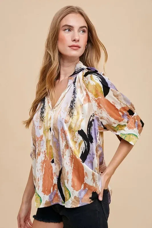 Annie Wear Multi Color Printed V-Neck Open Woven Blouse Top - DAVERRI FASHIONS