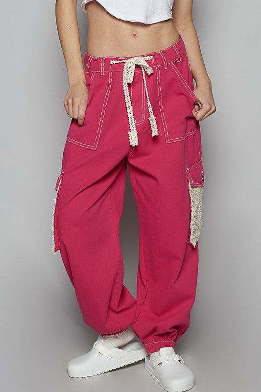 POL Crochet Overlay Pockets Drawstring Pants Cerise Pants