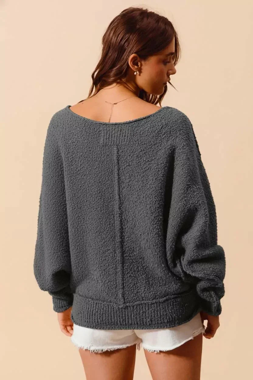 SO ME Loose Fit Exposed Seam Slouchy Boucle Sweater Charcoal - DAVERRI FASHIONS