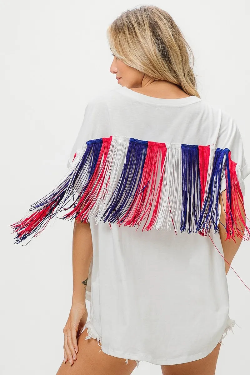 BiBi American Flag Sequin Star Fringe Top | Tops Daverri Fashions