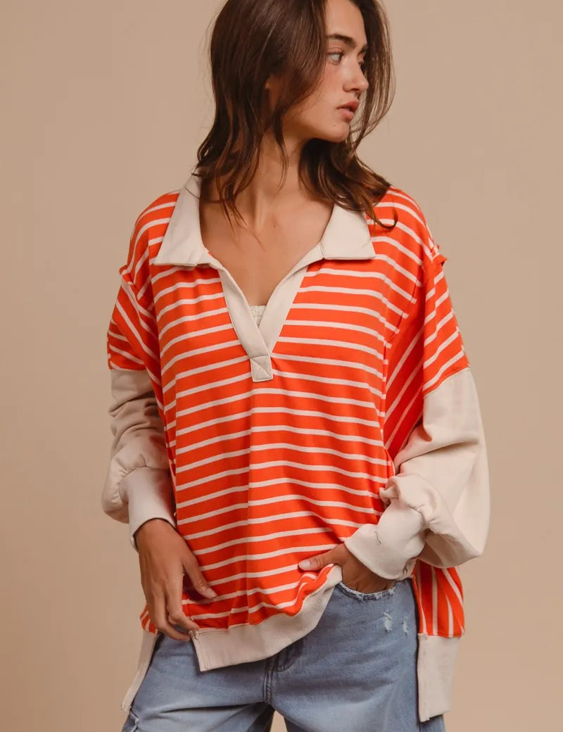 BiBi Stripe Knit Loose Fit Top With Cut Edge Detail | Tops Daverri Fashions