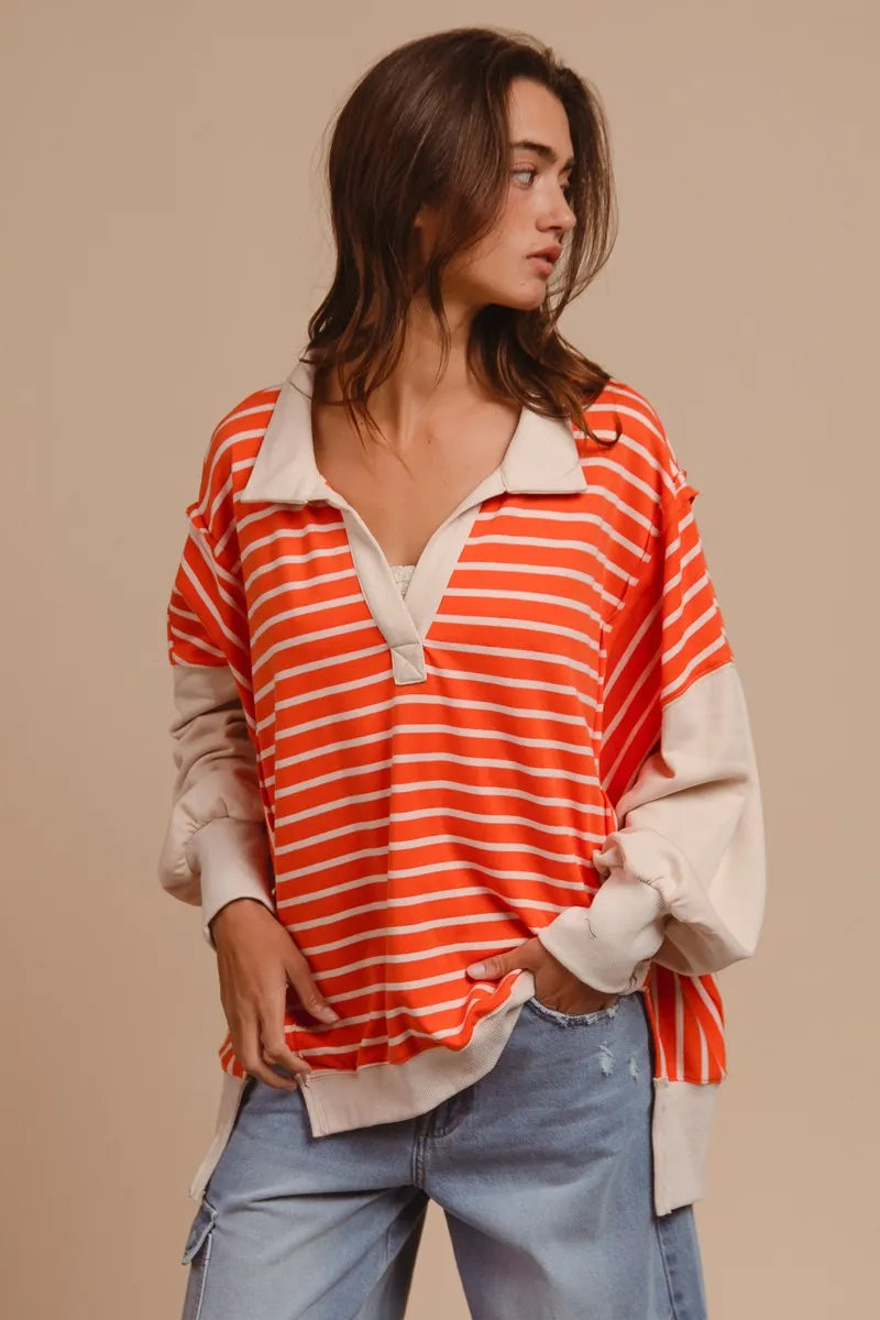 BiBi Stripe Knit Loose Fit Top With Cut Edge Detail Tops