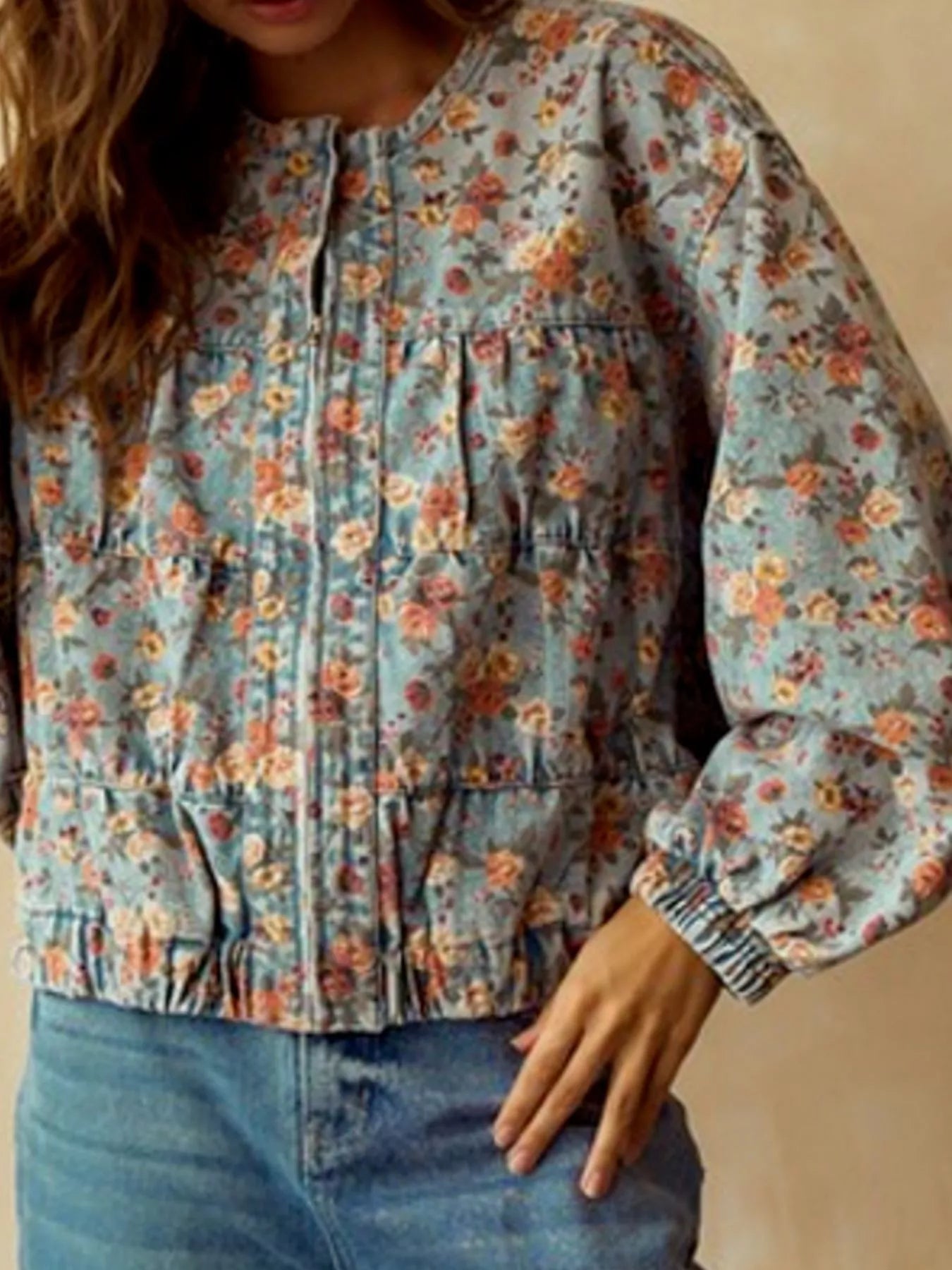 Floral Print Zip Up Cropped Denim Jacket | Denim Jackets Daverri Fashions