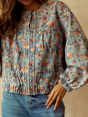 Floral Print Zip Up Cropped Denim Jacket | Denim Jackets Daverri Fashions