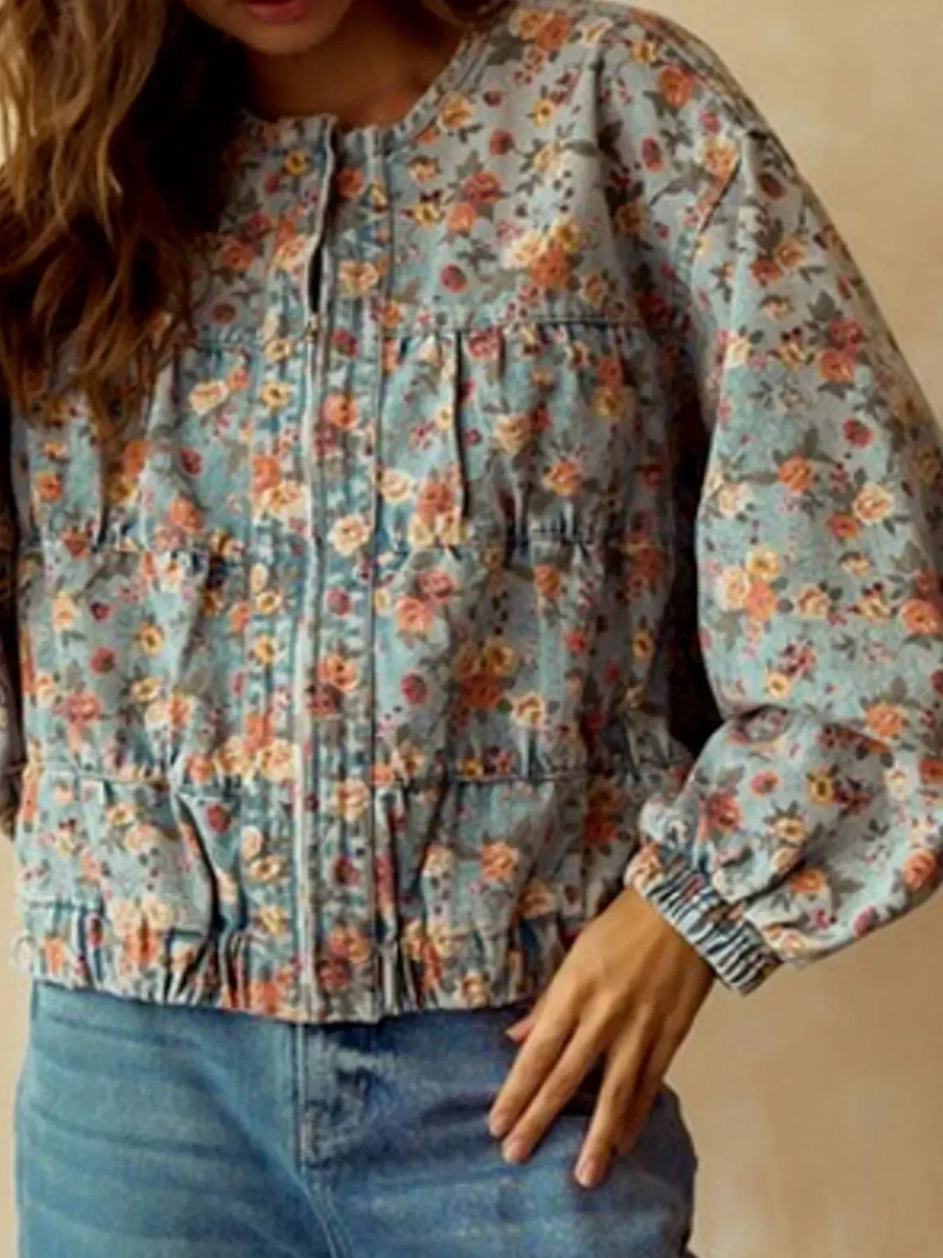 Floral Print Zip Up Cropped Denim Jacket - DAVERRI FASHIONS