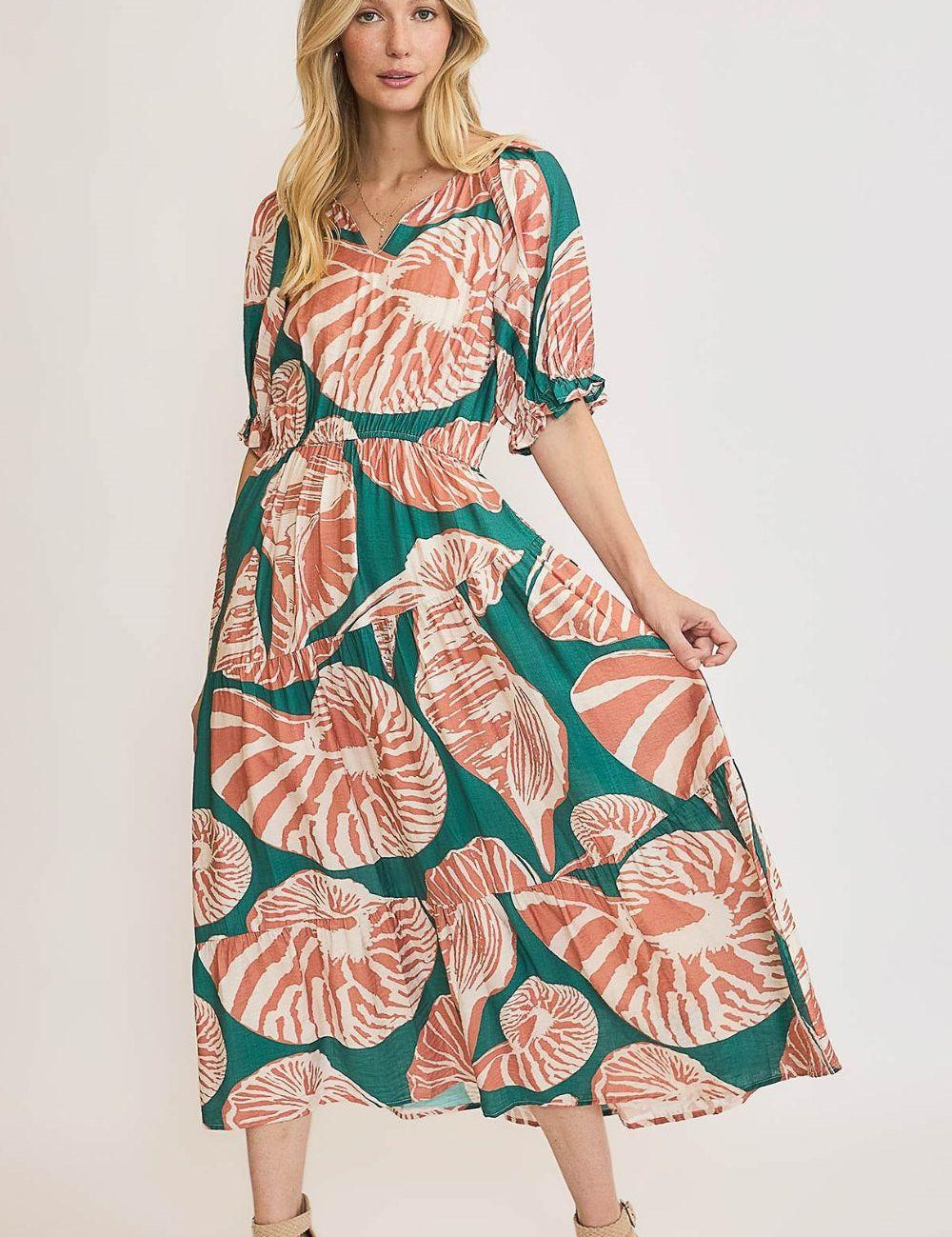 GREEN CLAY Umgee Full Size Printed Notched Puff Sleeve Midi Dress Plus Size | Daverri Fashions