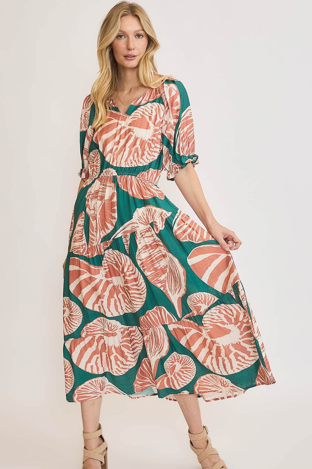 Umgee Full Size Printed Notched Puff Sleeve Midi Dress Plus Size GREEN CLAY