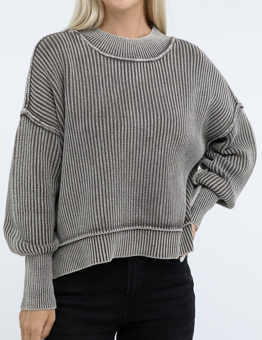 Washed Side Slit Oversized Cropped Cotton Sweater MOCHA Tops