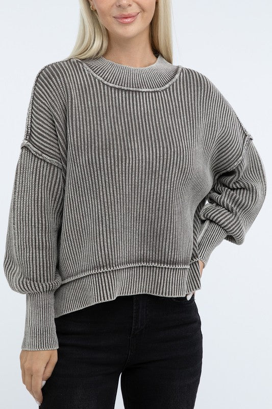 Washed Side Slit Oversized Cropped Cotton Sweater MOCHA Tops