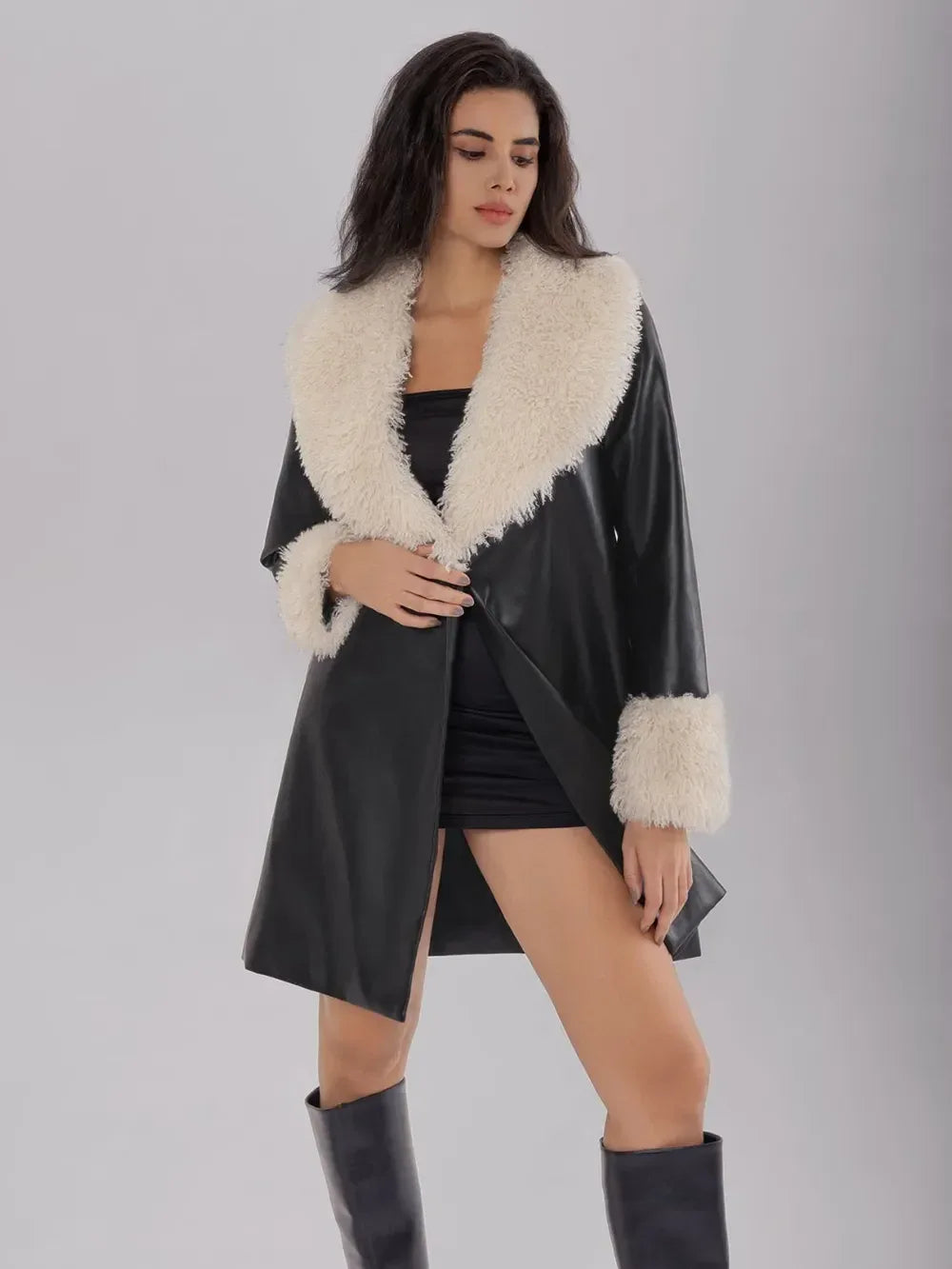 Fuzzy Long Sleeve Longline Coat - DAVERRI FASHIONS