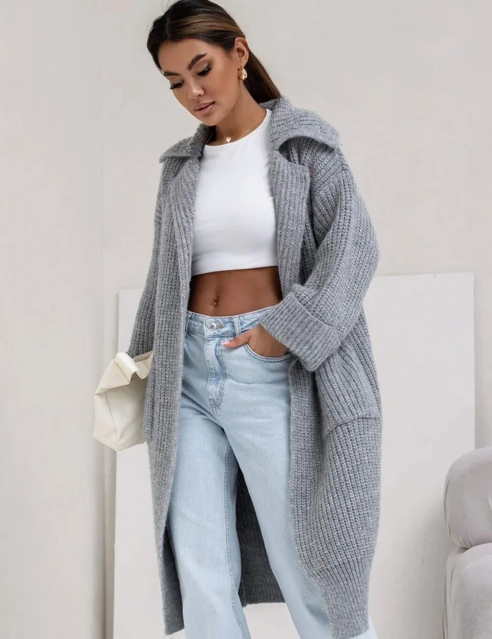 Pocketed Collared Neck Dropped Shoulder Cardigan | Cardigans Daverri Fashions