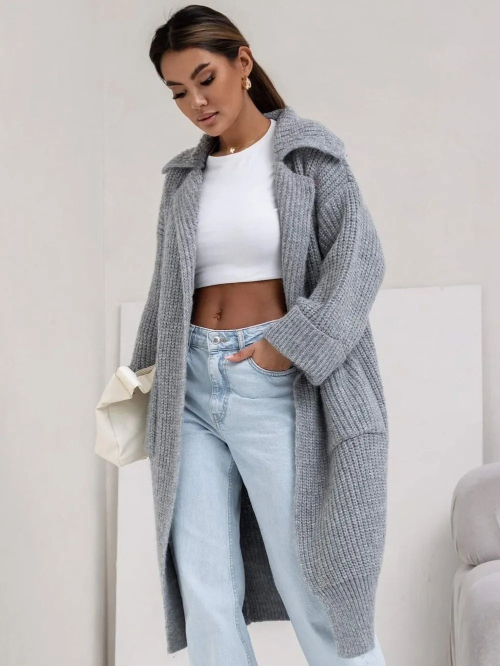 Pocketed Collared Neck Dropped Shoulder Cardigan | Cardigans Daverri Fashions