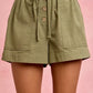 SO ME olive green cotton paper bag twill shorts with drawstring waist