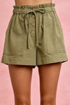 SO ME olive green cotton paper bag twill shorts with drawstring waist