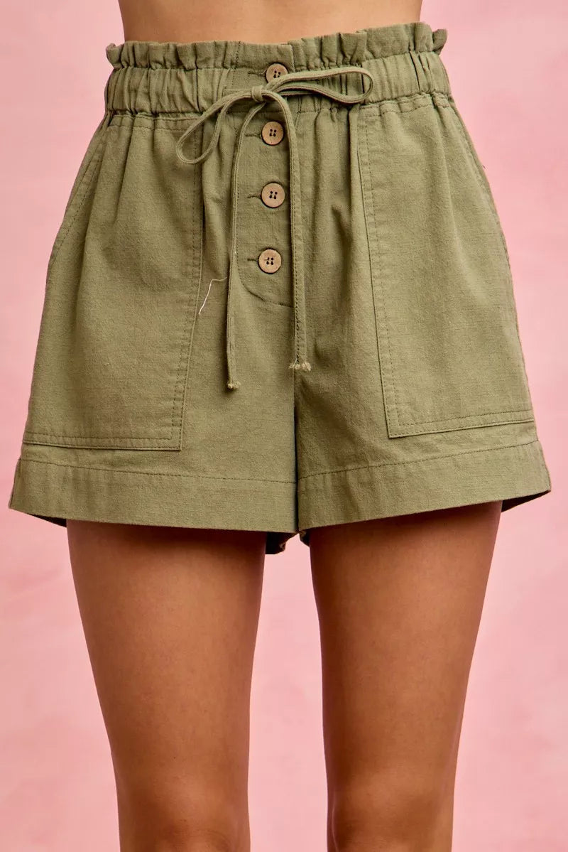 SO ME olive green cotton paper bag twill shorts with drawstring waist